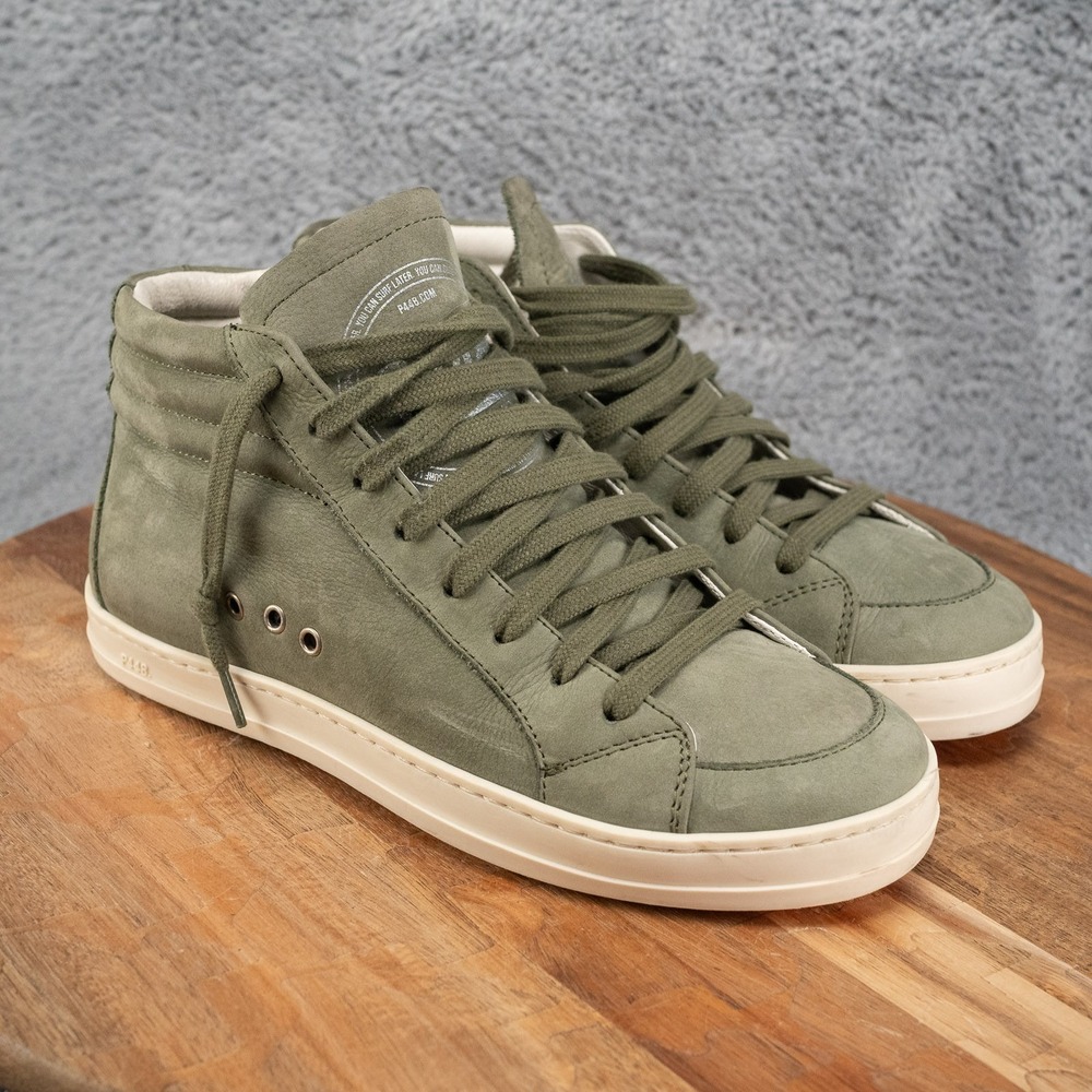P448 Women's White Olive Green Skate High Top Sneakers Shoes 36 US 6
